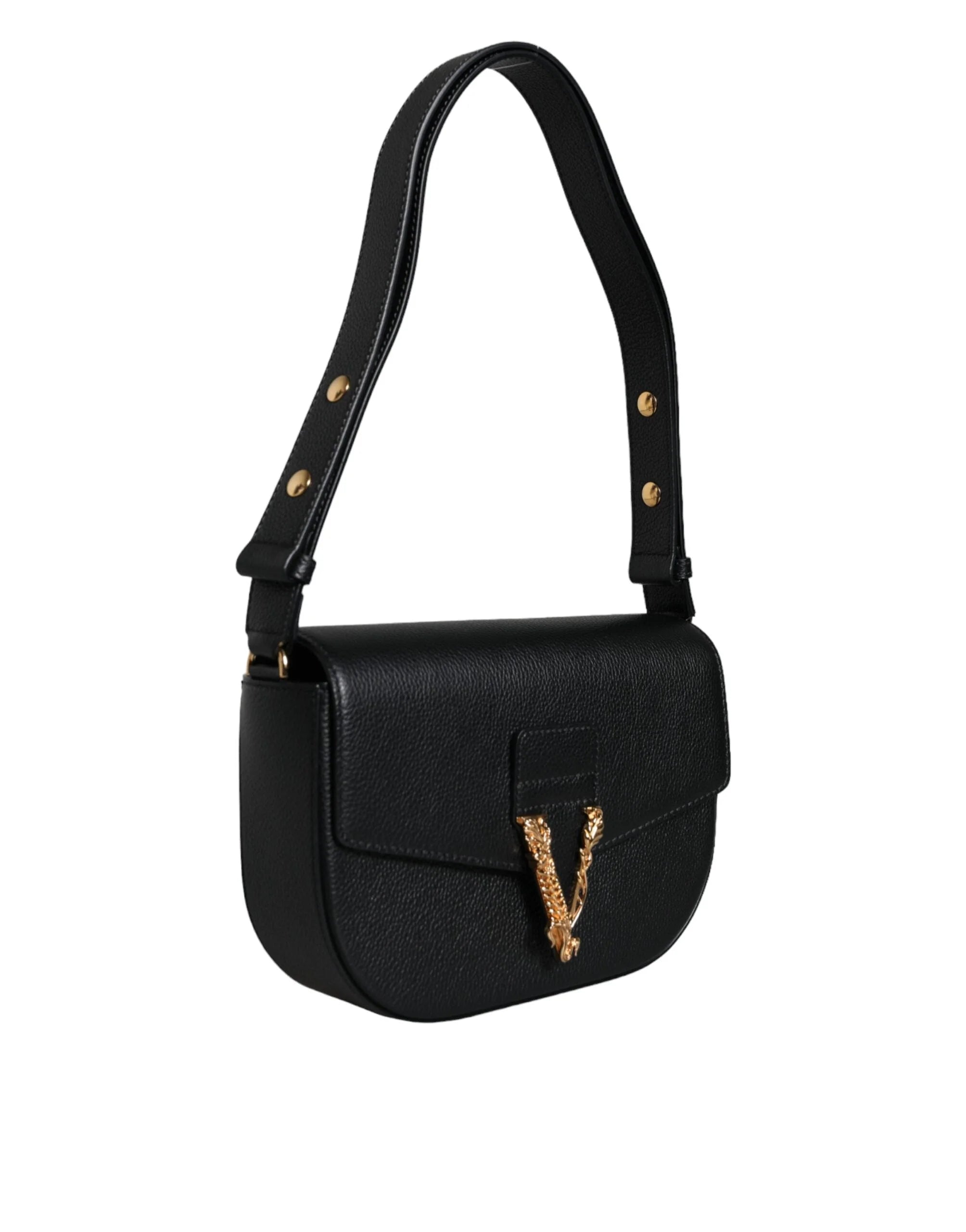 Versace Black Grainy Calf Leather Logo Crossbody Shoulder Bag - Cross Body Bags