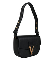 Versace Black Grainy Calf Leather Logo Crossbody Shoulder Bag - Cross Body Bags