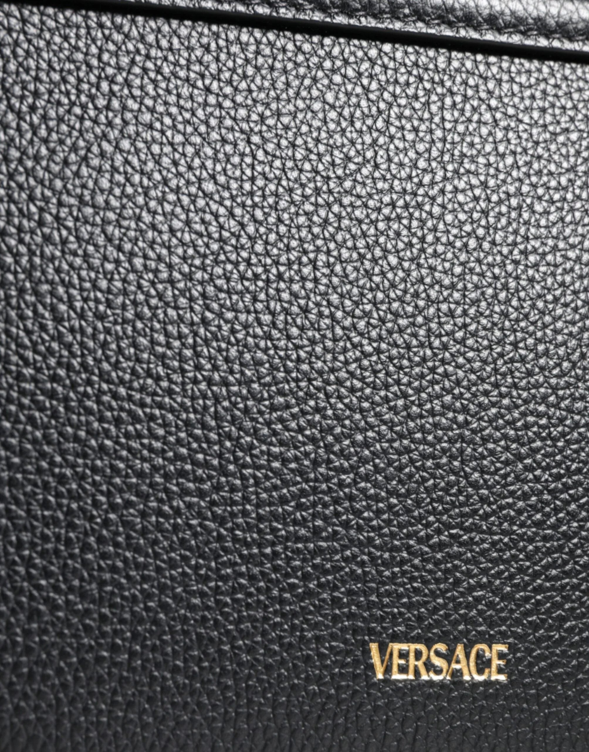 Versace Black Grainy Calf Leather Logo Crossbody Shoulder Bag - Cross Body Bags