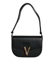Versace Black Grainy Calf Leather Logo Crossbody Shoulder Bag - Cross Body Bags