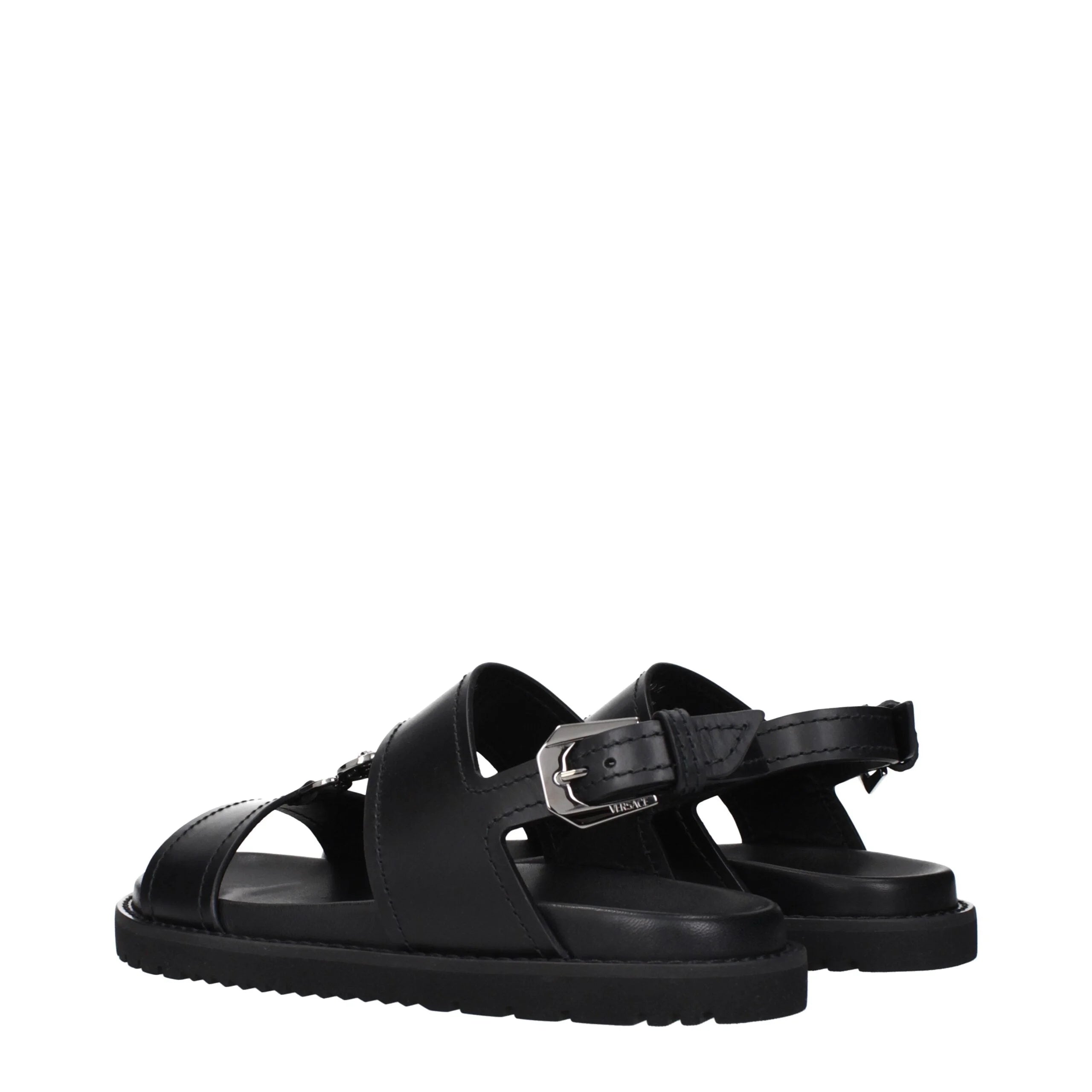 Versace Fekete Bőr Lapos Szandálok