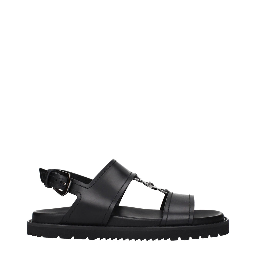 Versace Fekete Bőr Lapos Szandálok