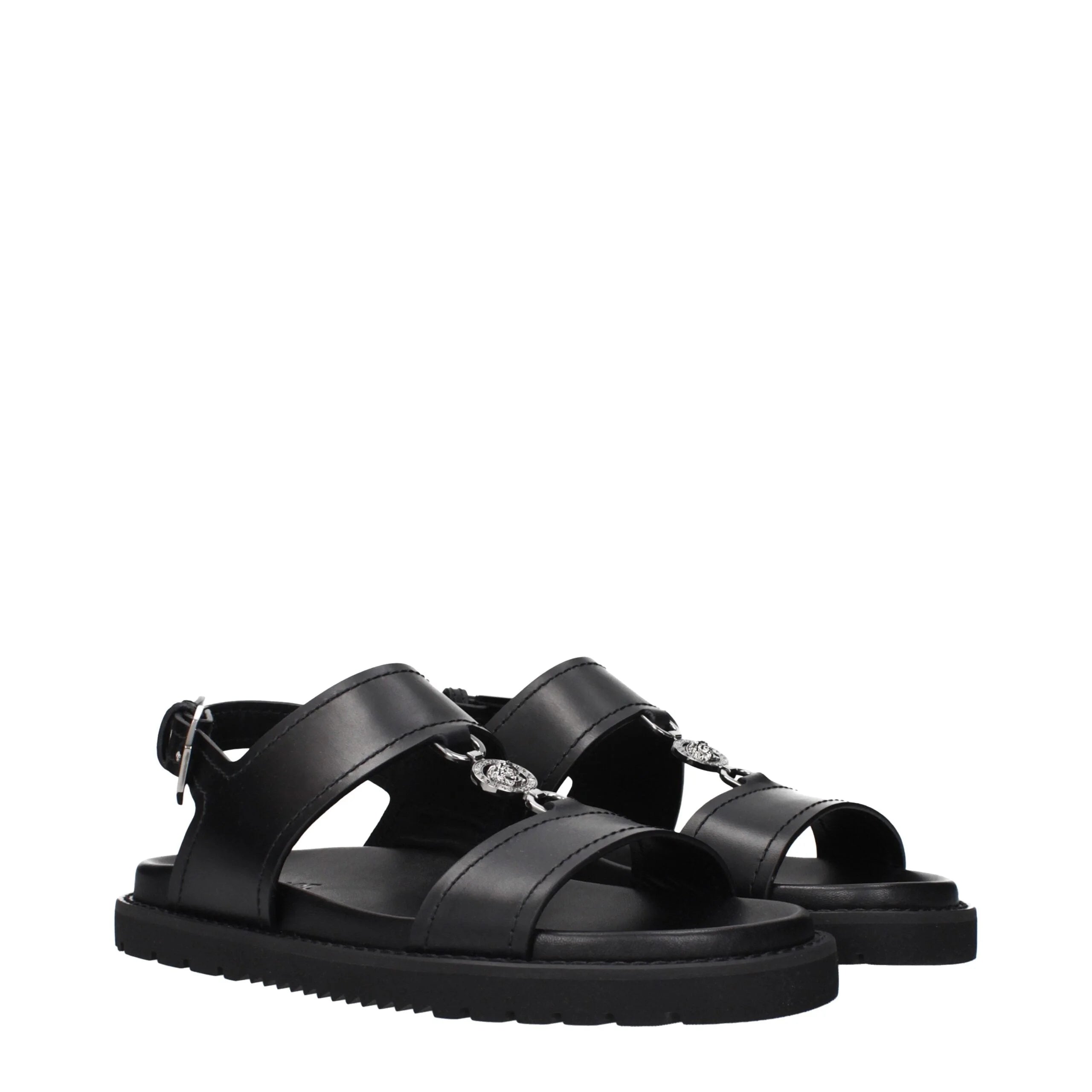 Versace Fekete Bőr Lapos Szandálok