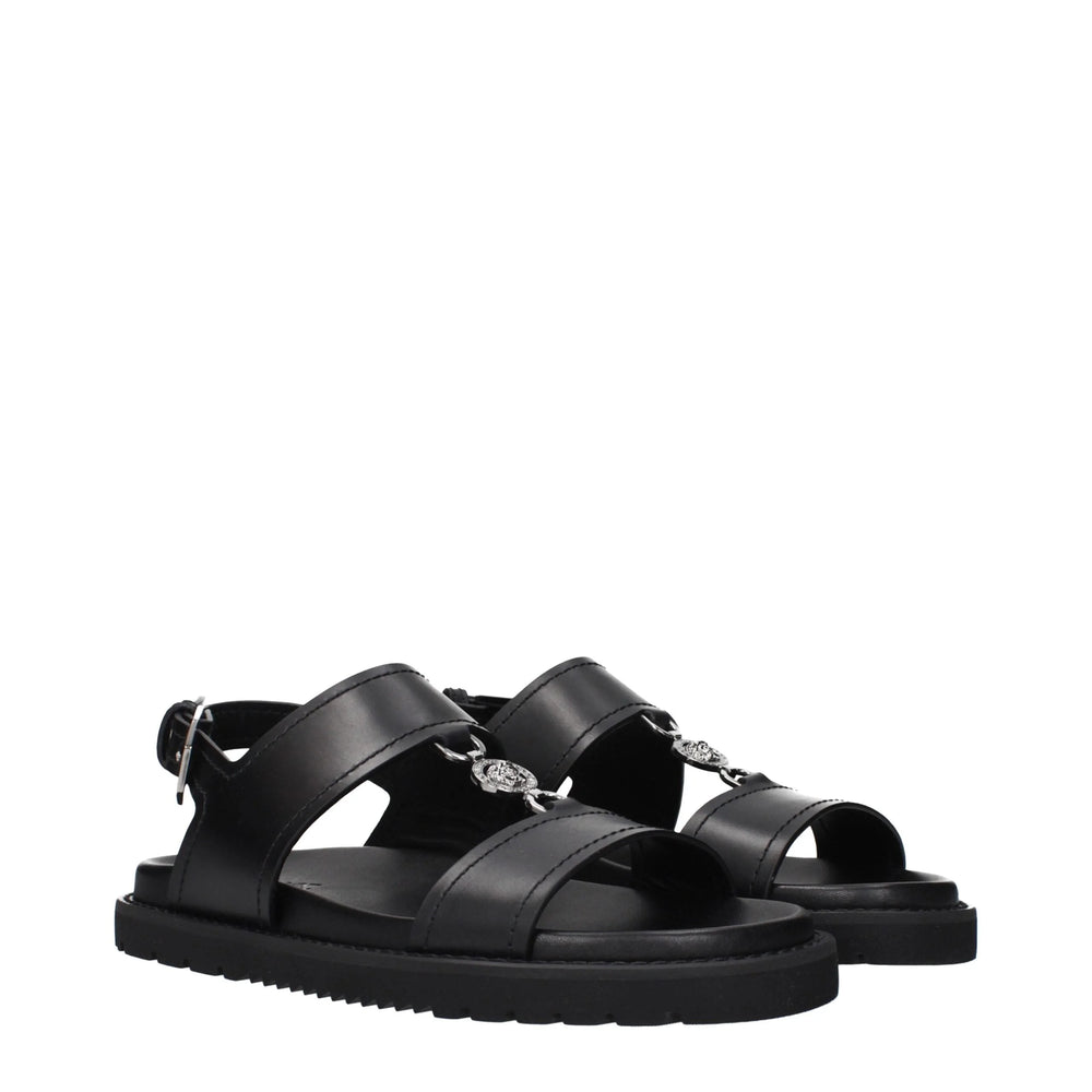 Versace Fekete Bőr Lapos Szandálok