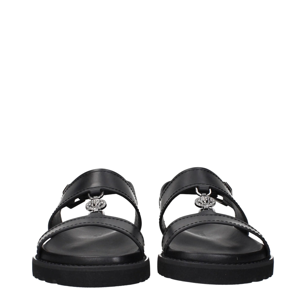 Versace Black Leather Flat Sandals