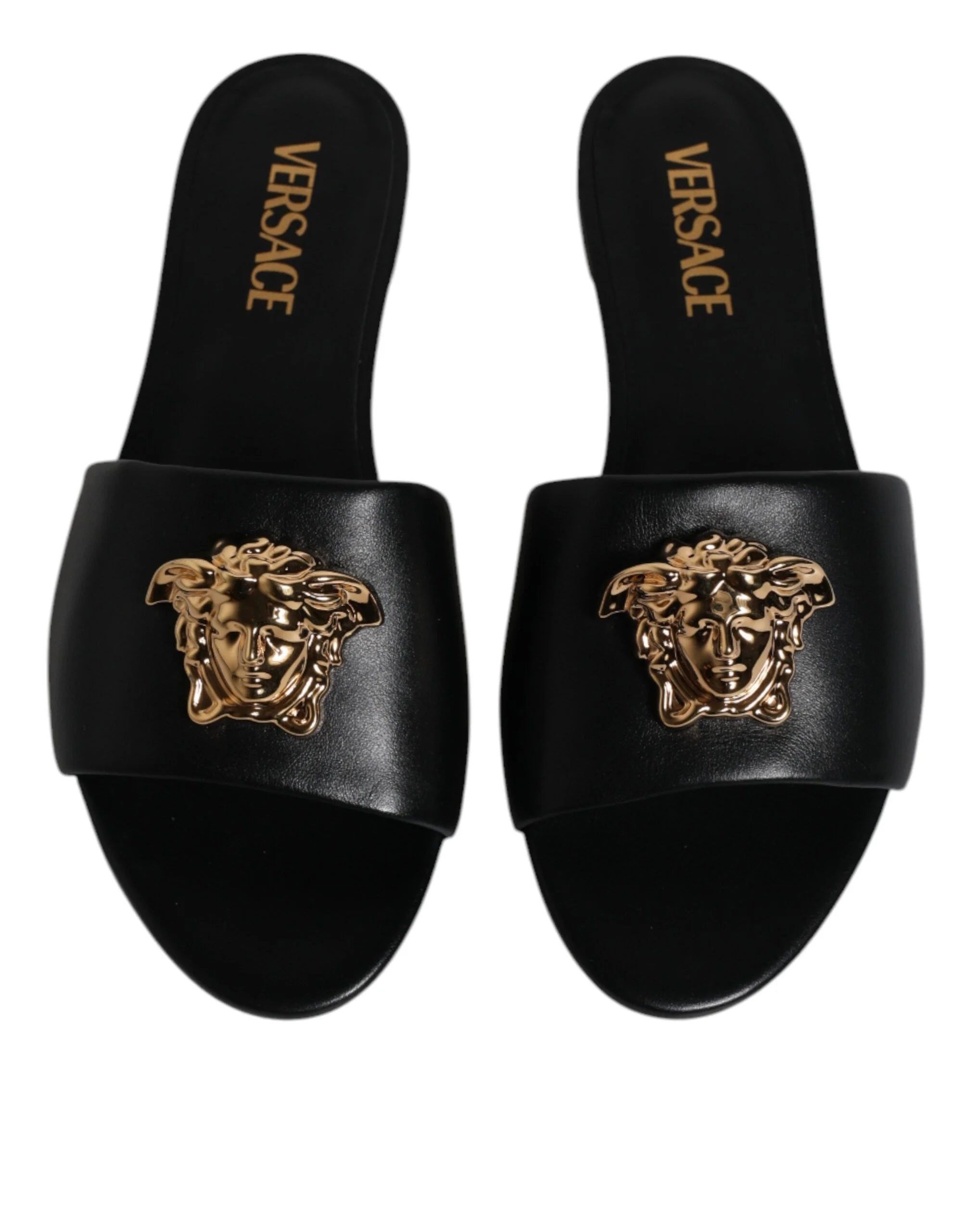 Versace Black Leather Logo Plaque Slip On Slides Flats Shoes - EU38/US7.5 - Sandals