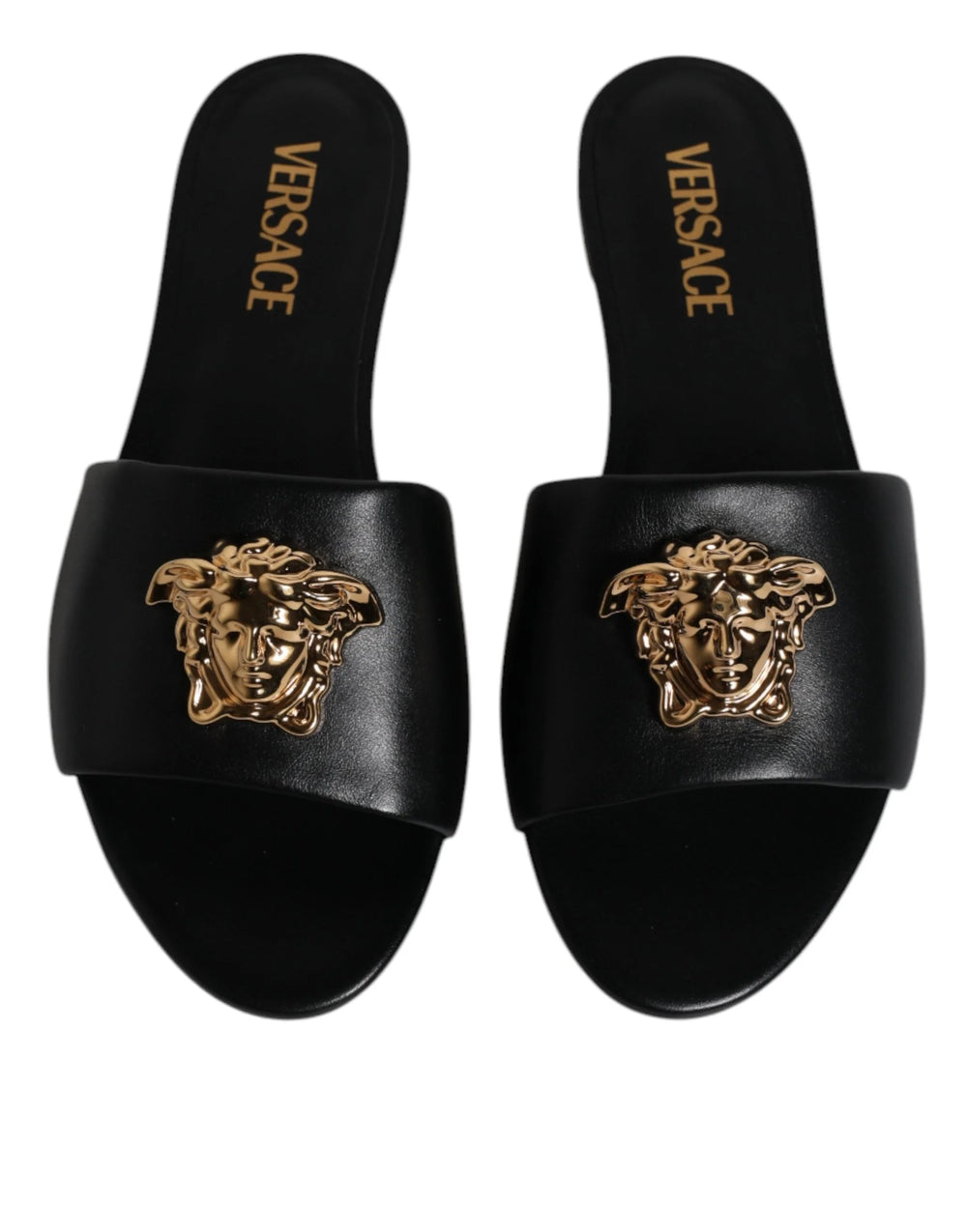 Versace Black Leather Logo Plaque Slip On Slides Flats Shoes - EU38/US7.5 - Sandals