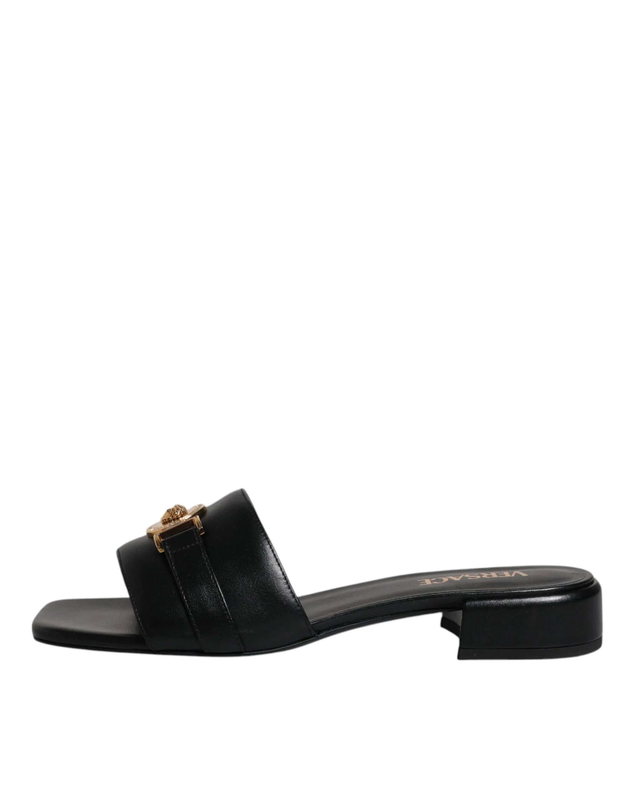 Versace Black Leather Logo Plaque Slip On Slides Flats Shoes - Sandals