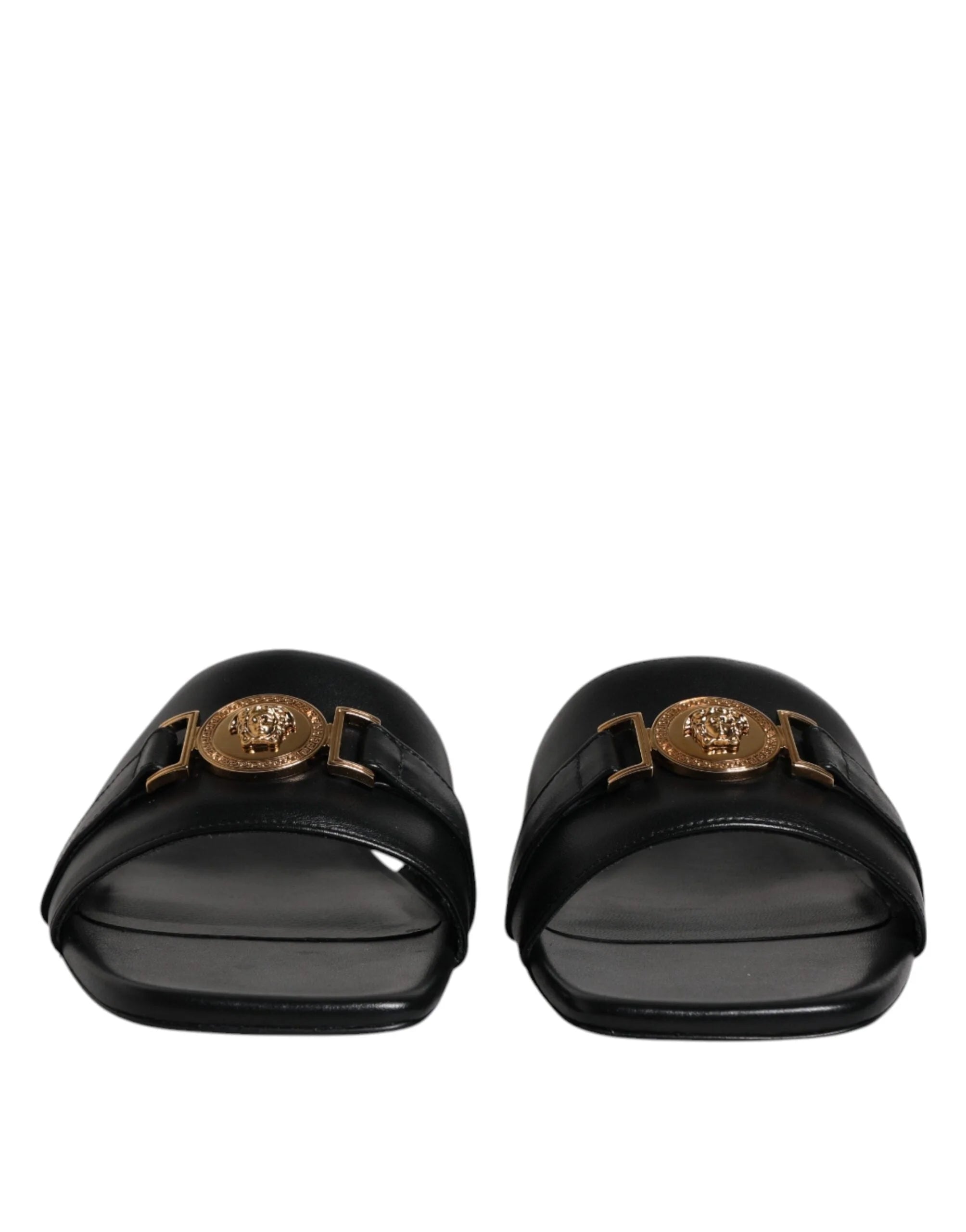 Versace Black Leather Logo Plaque Slip On Slides Flats Shoes - Sandals