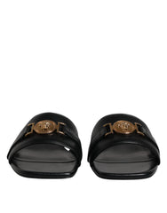 Versace Black Leather Logo Plaque Slip On Slides Flats Shoes - Sandals