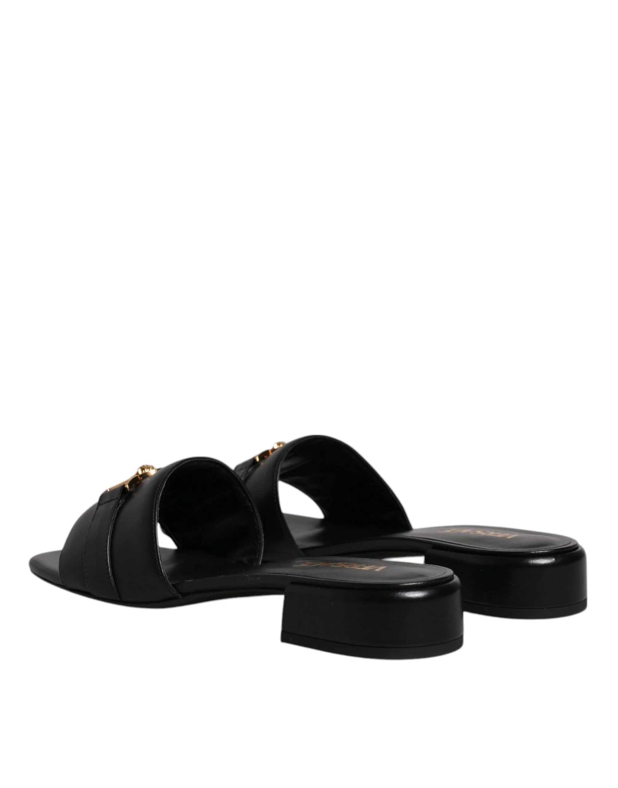 Versace Black Leather Logo Plaque Slip On Slides Flats Shoes - Sandals