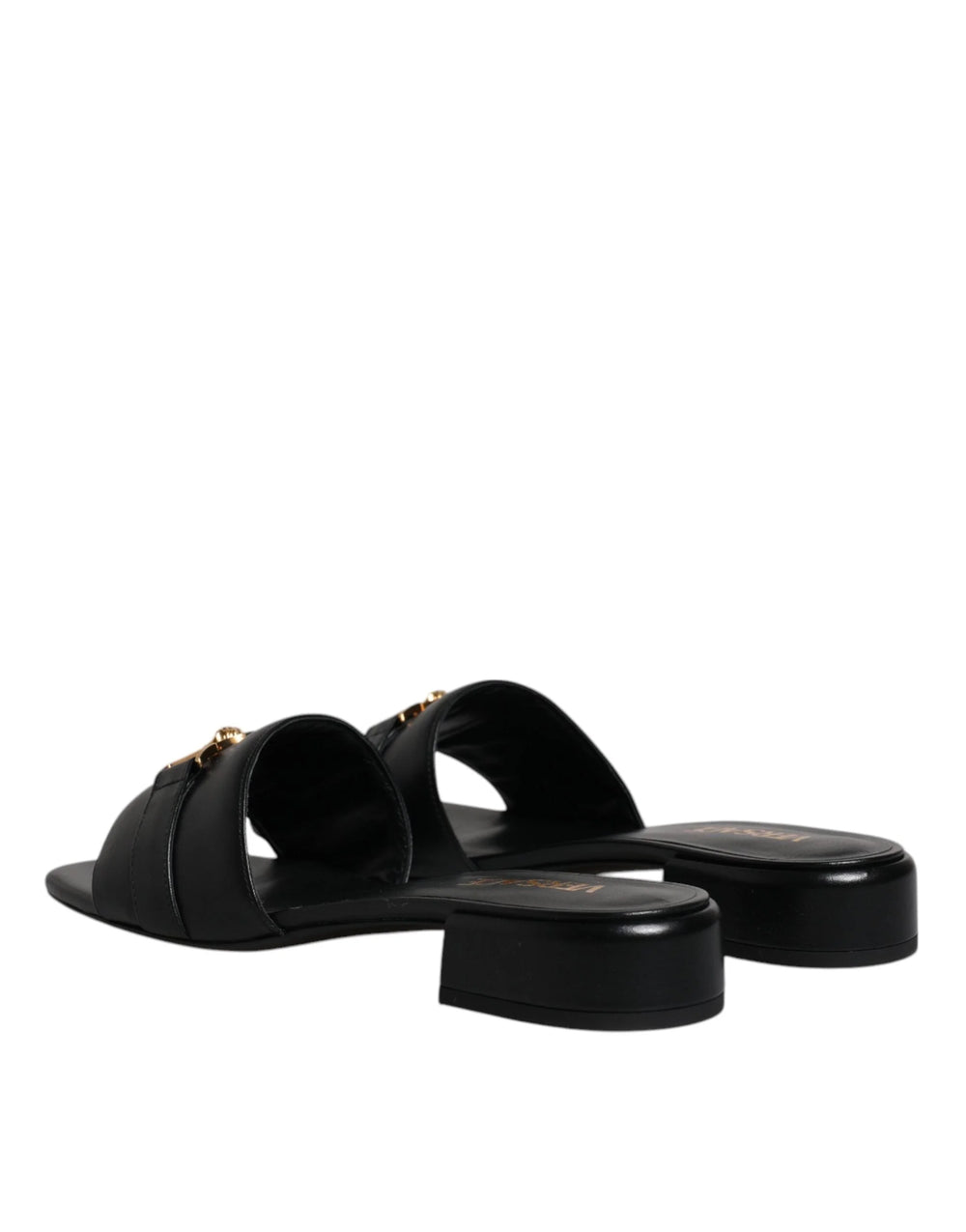 Versace Black Leather Logo Plaque Slip On Slides Flats Shoes - Sandals