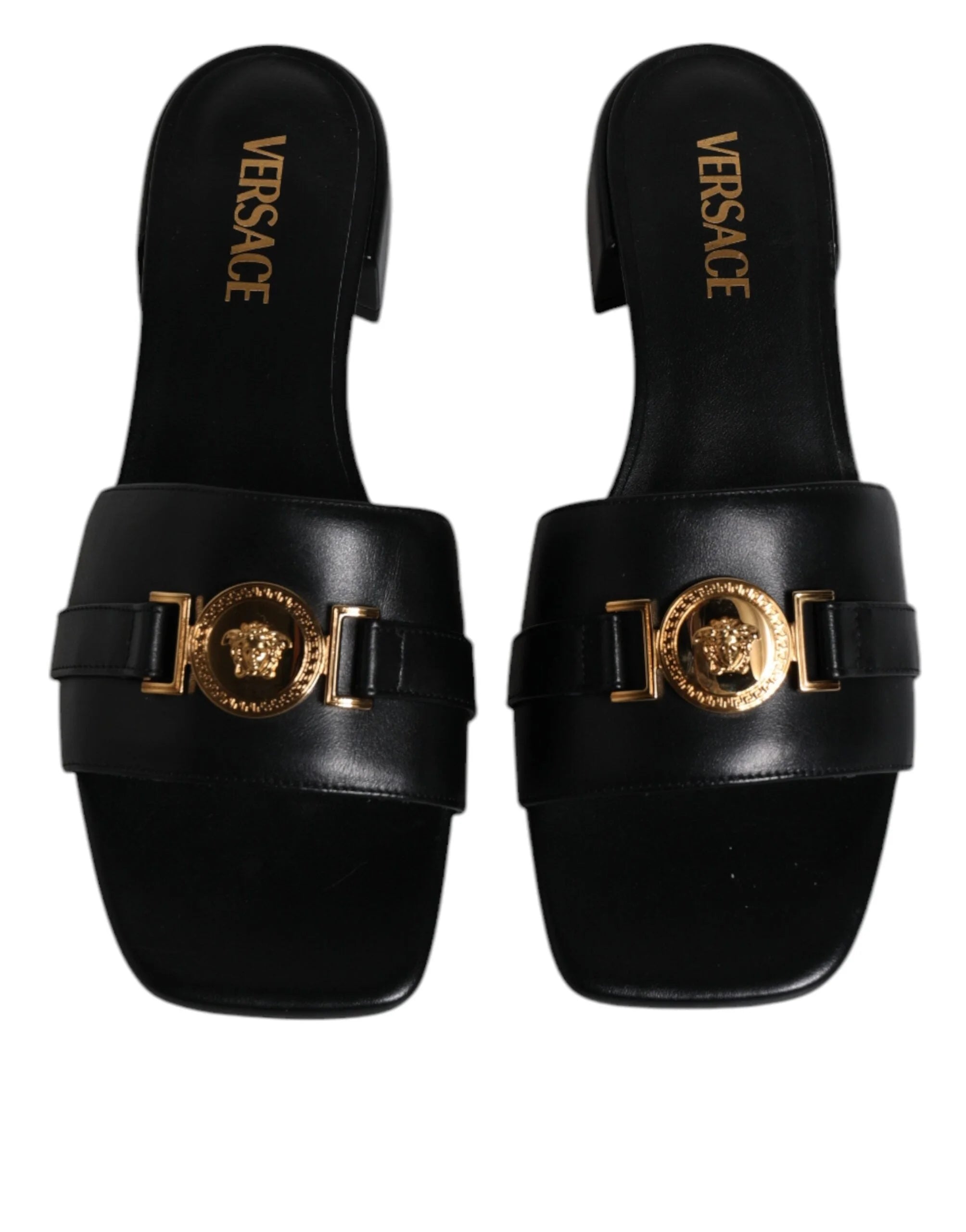 Versace Black Leather Logo Plaque Slip On Slides Flats Shoes - Sandals