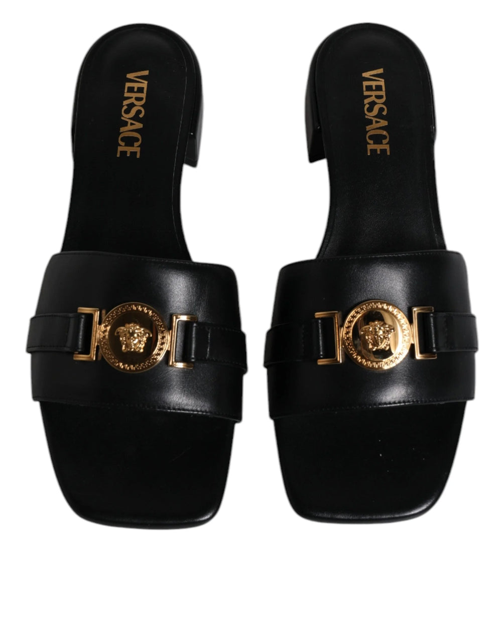 Versace Black Leather Logo Plaque Slip On Slides Flats Shoes - Sandals