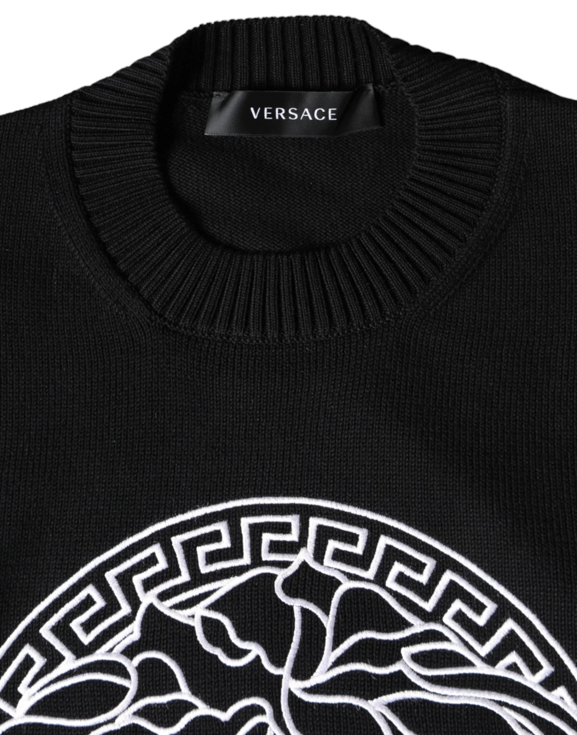 Versace Black Medusa Embroidery Crew Neck Pullover Sweater - Sweaters