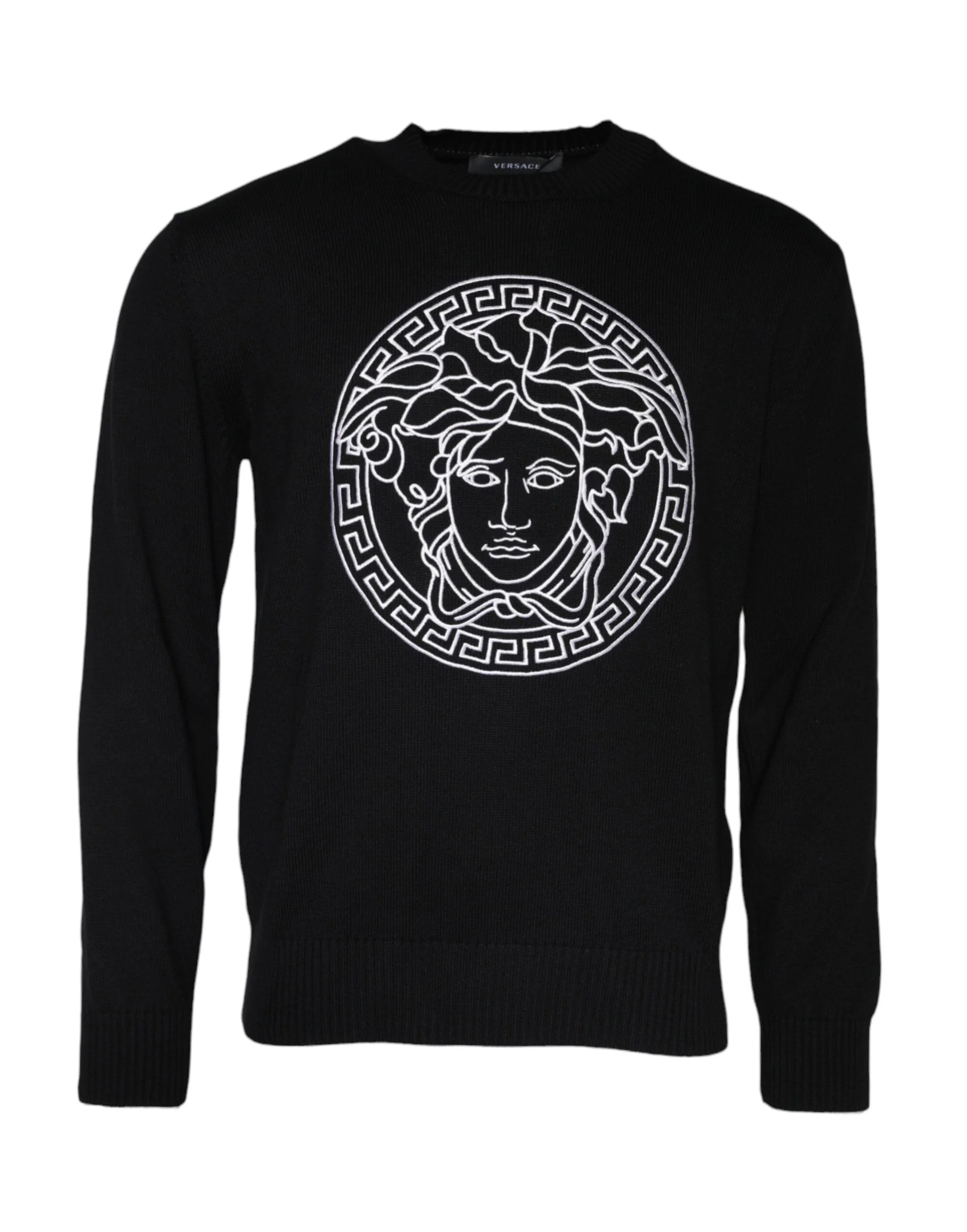 Versace Black Medusa Embroidery Crew Neck Pullover Sweater - Sweaters