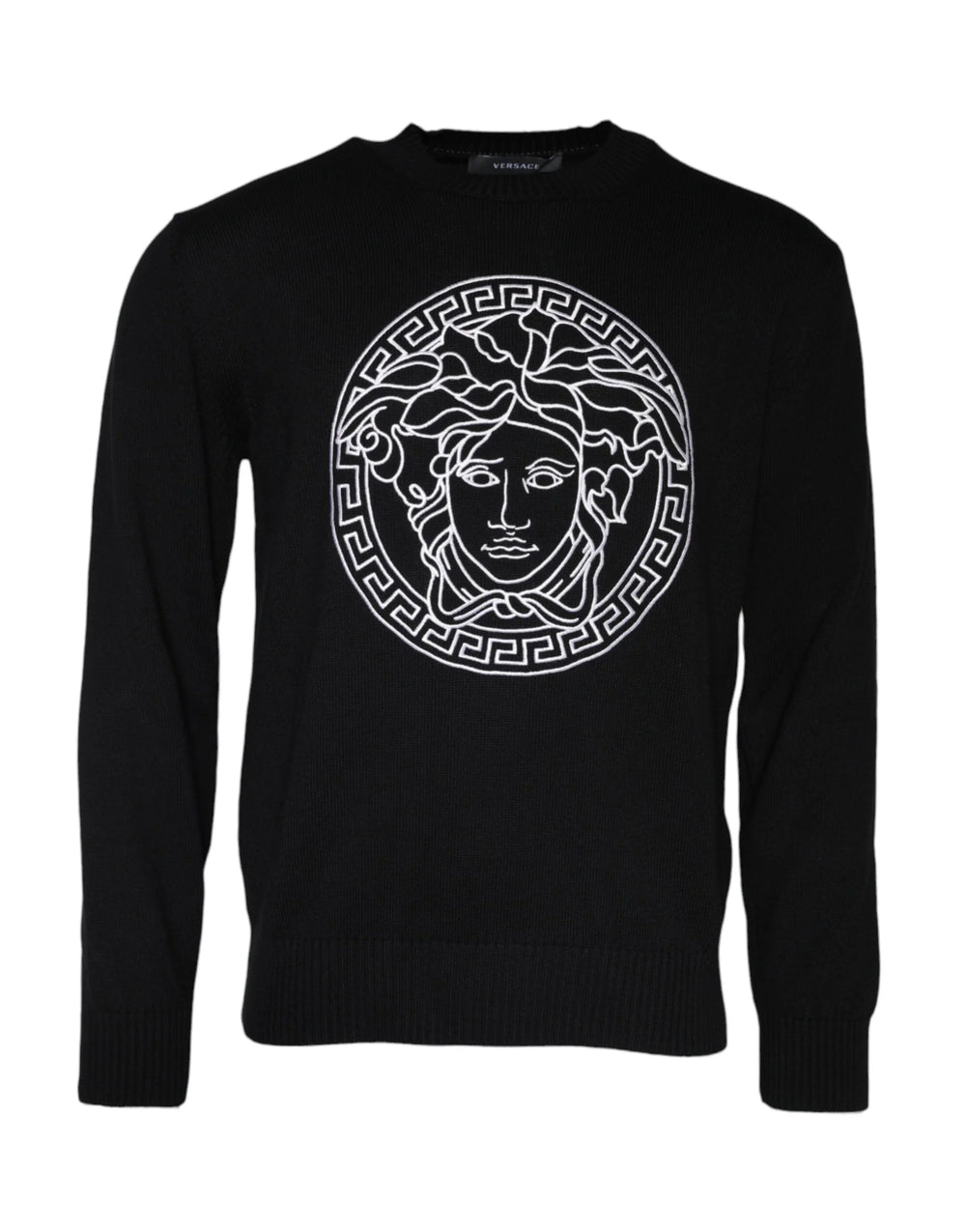 Versace Black Medusa Embroidery Crew Neck Pullover Sweater - Sweaters