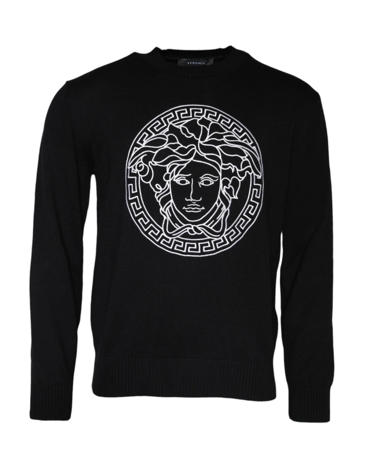 Versace Black Medusa Embroidery Crew Neck Pullover Sweater - Sweaters