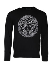 Versace Black Medusa Embroidery Crew Neck Pullover Sweater - Sweaters