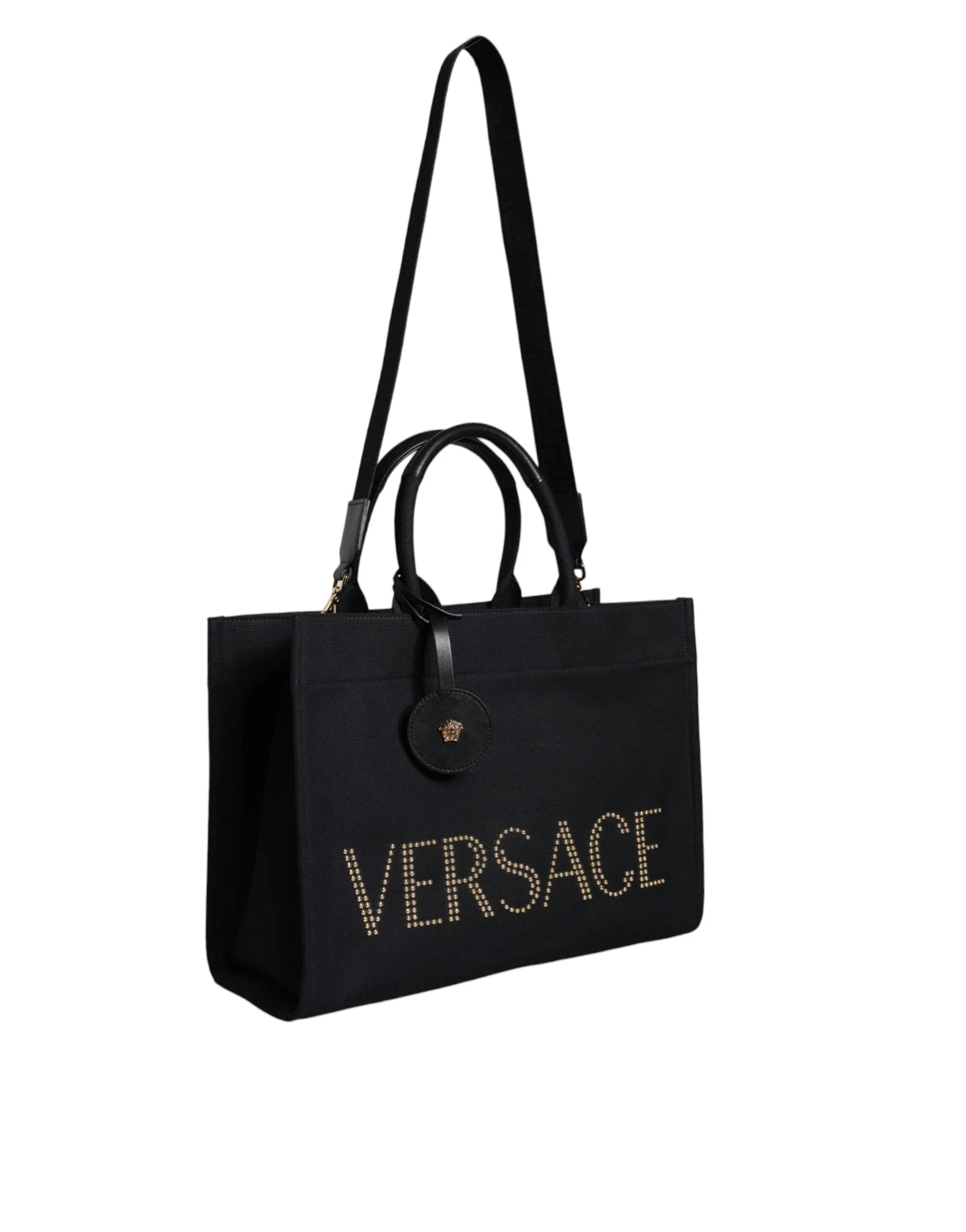 Versace Black Top Handle Canvas Leather Logo Crossbody Tote Bag - Cross Body Bags