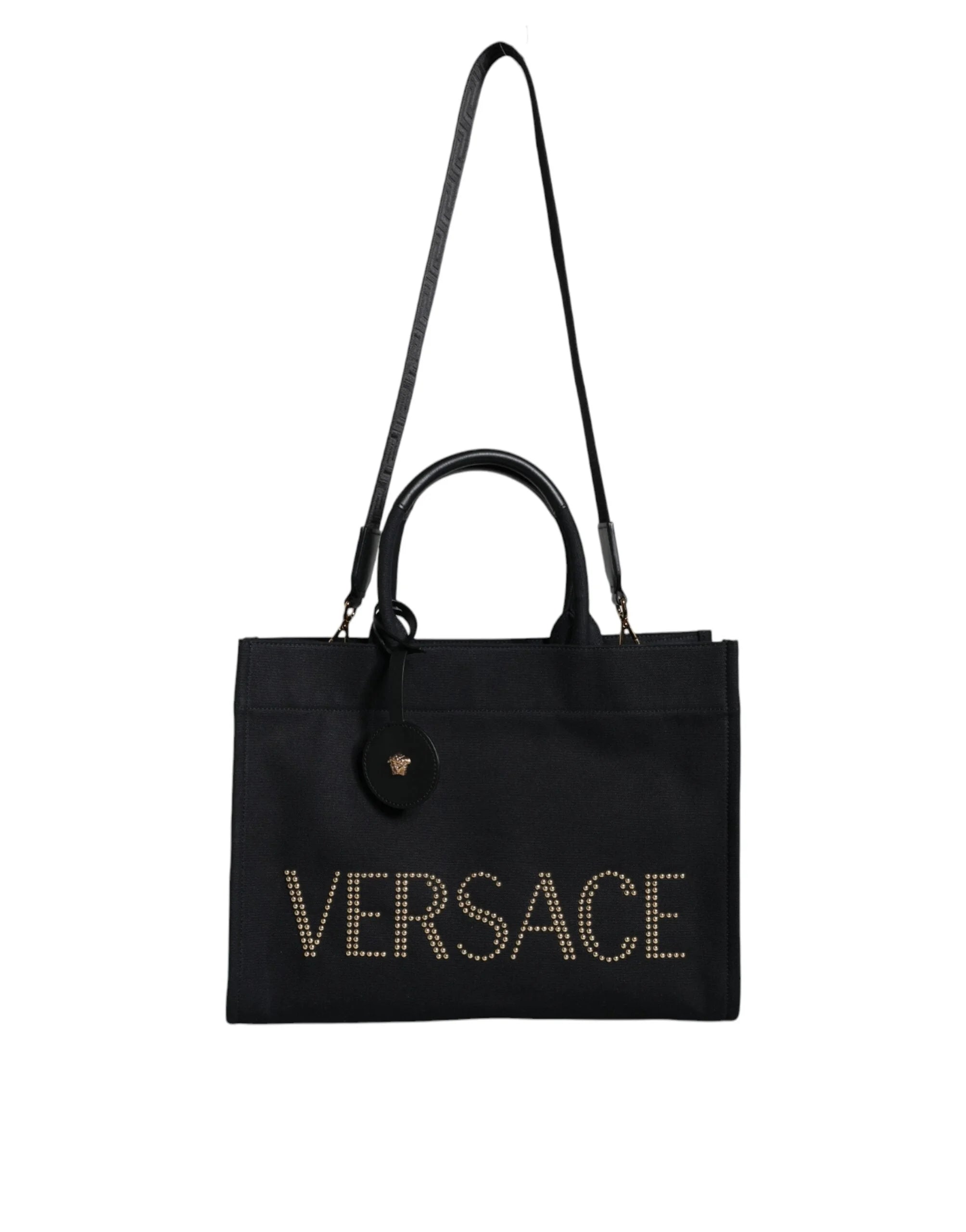 Versace Black Top Handle Canvas Leather Logo Crossbody Tote Bag - Cross Body Bags