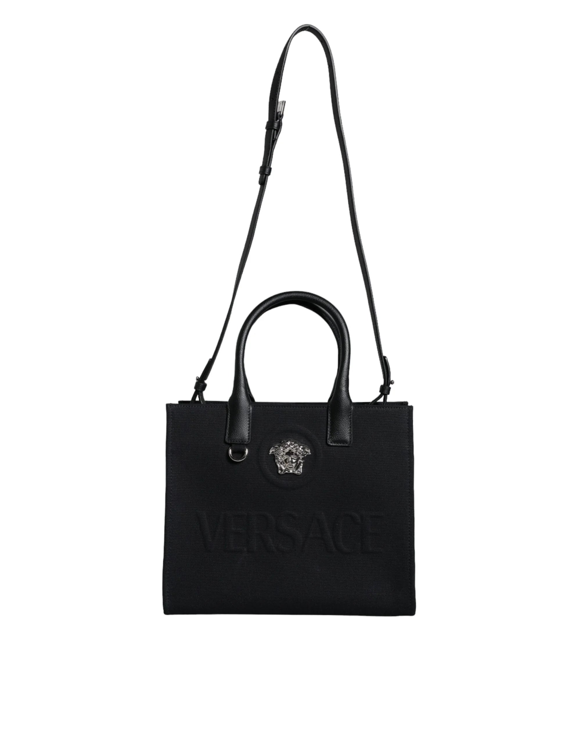 Versace Black Top Handle Canvas Leather Logo Crossbody Tote Bag - Cross Body Bags