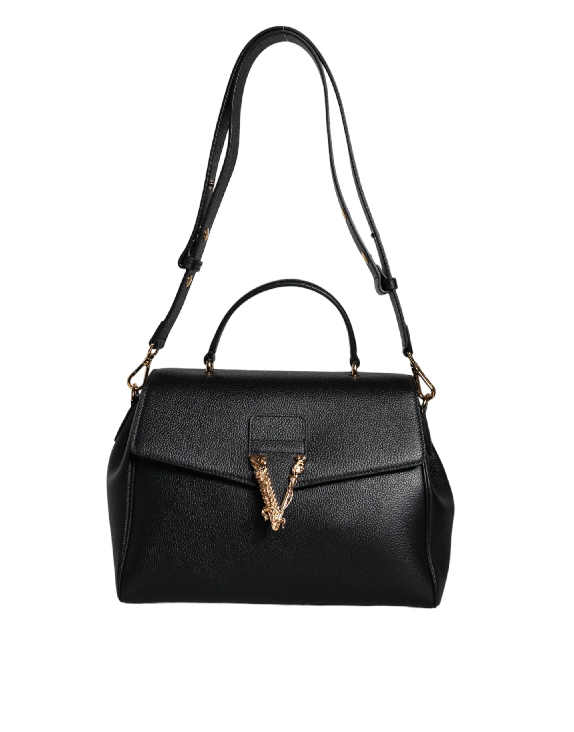 Versace Black Top Handle Grainy Calfskin Leather Crossbody Bag - Cross Body Bags