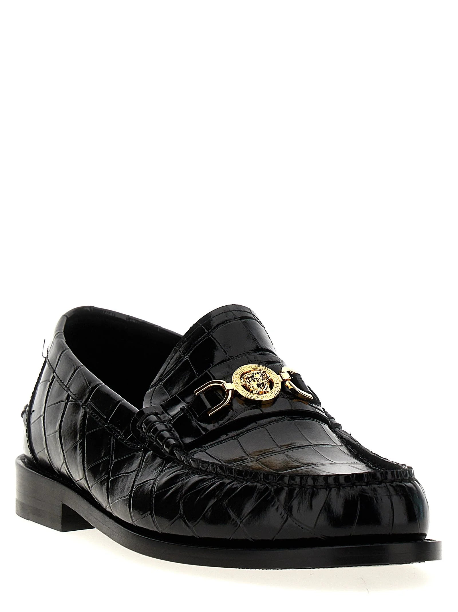 Versace Black Velvet Leather Slip-On Loafers