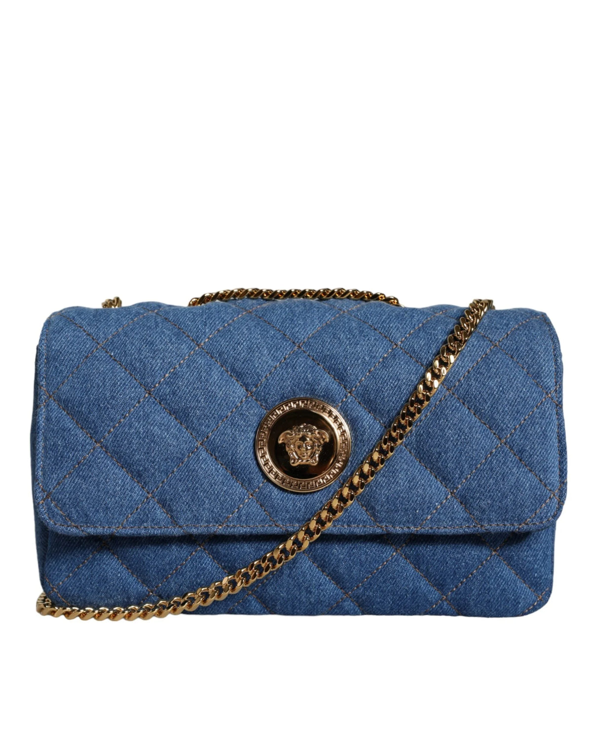 Versace Blue Quilted Denim Leather Crossbody Shoulder Bag - Cross Body Bags