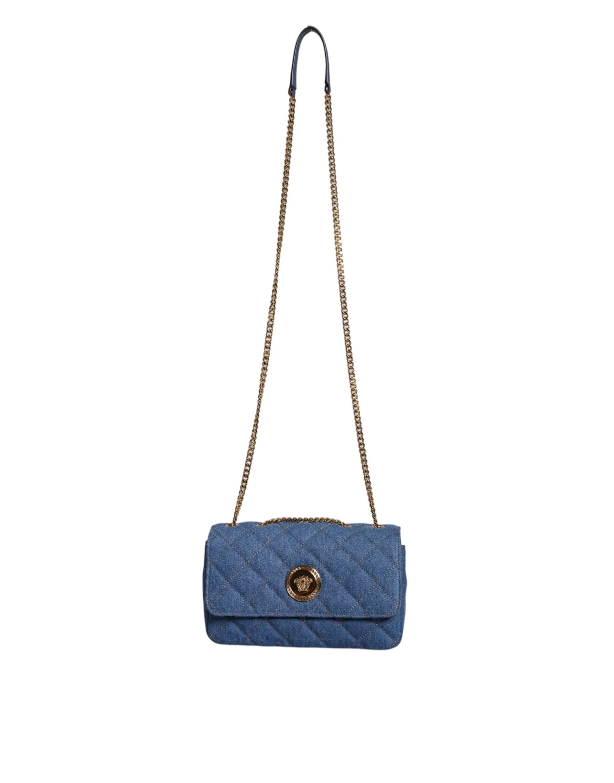 Versace Blue Quilted Denim Leather Crossbody Shoulder Bag - Cross Body Bags