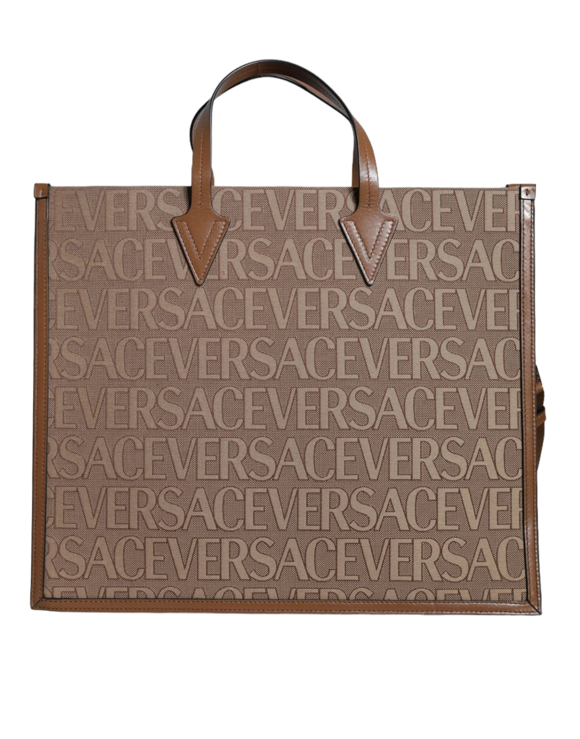 Versace Brown Top Handle Jacquard Leather Logo Crossbody Tote Bag - Cross Body Bags