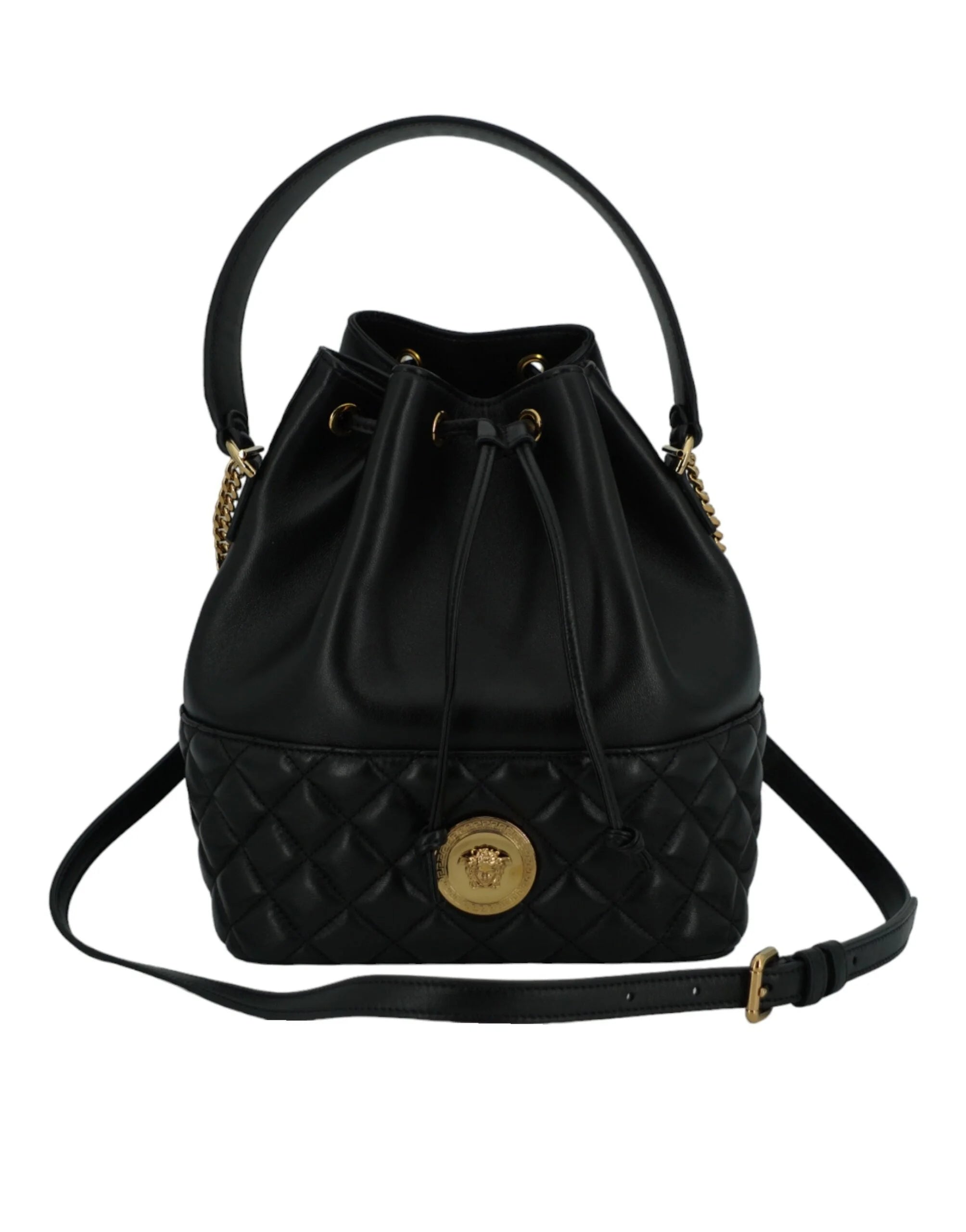 Versace Elegant Black Leather Medusa Bucket Shoulder Bag - Bucket Bags