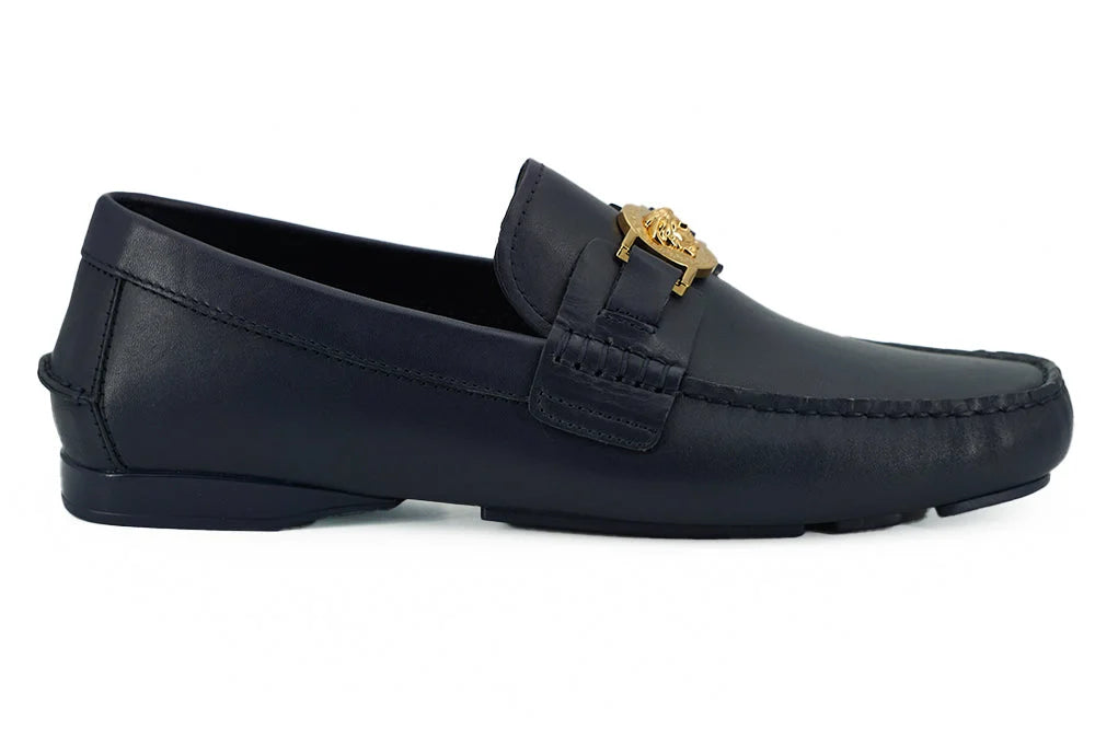 Versace Elegant Navy Blue Calf Leather Loafers - Flats