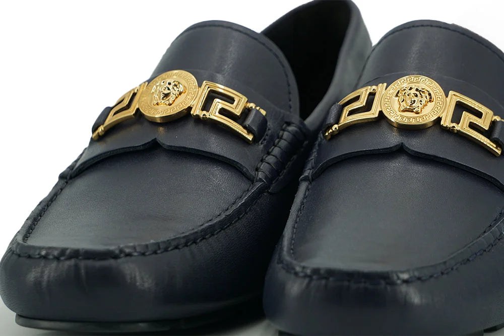 Versace Elegant Navy Blue Calf Leather Loafers - Flats