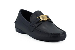 Versace Elegant Navy Blue Calf Leather Loafers - Flats