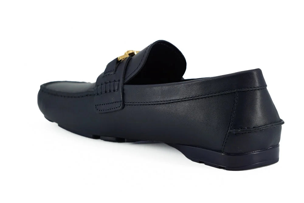Versace Elegant Navy Blue Calf Leather Loafers - Flats