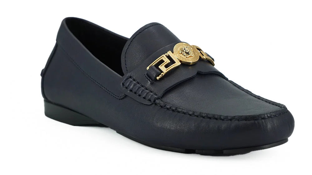 Versace Elegant Navy Blue Calf Leather Loafers - Flats