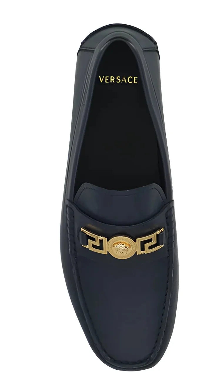 Versace Elegant Navy Blue Calf Leather Loafers - Flats