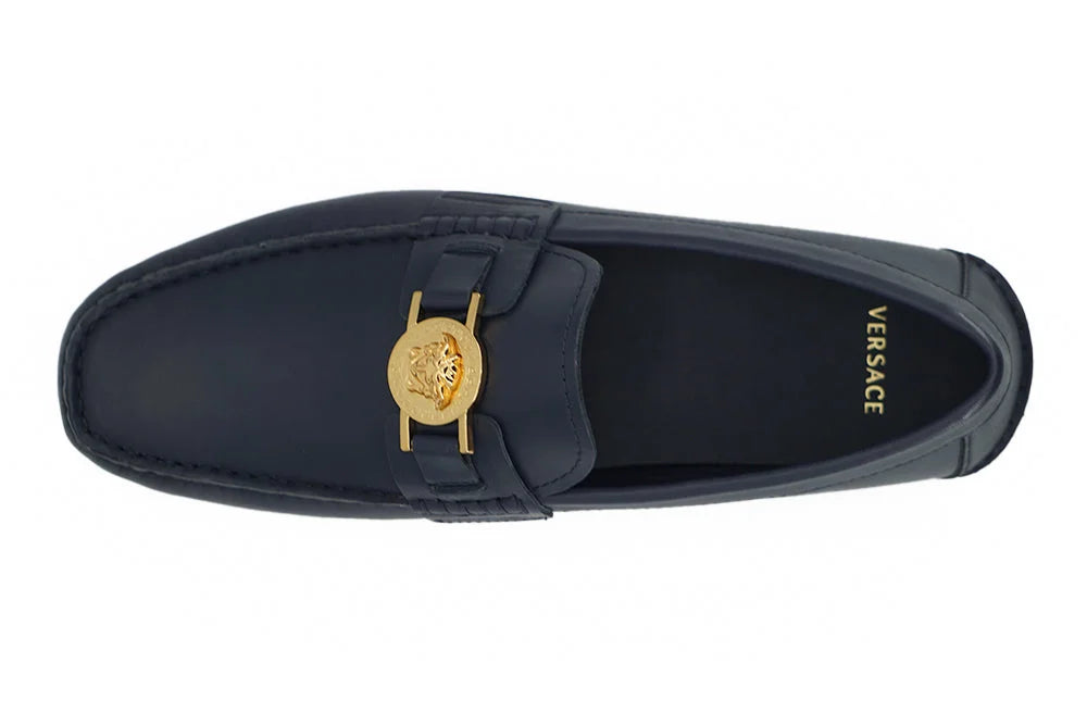 Versace Elegant Navy Blue Calf Leather Loafers - Flats