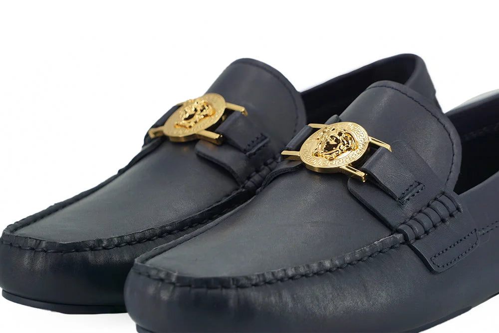 Versace Elegant Navy Blue Calf Leather Loafers - Flats