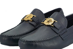 Versace Elegant Navy Blue Calf Leather Loafers - Flats