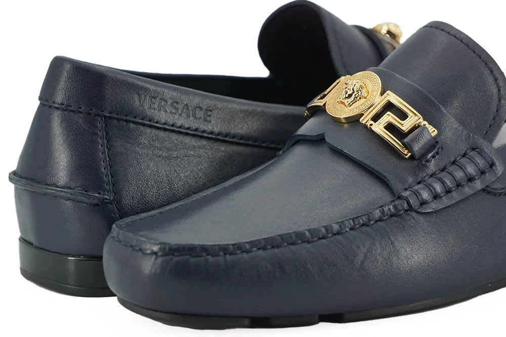 Versace Elegant Navy Blue Calf Leather Loafers - Flats