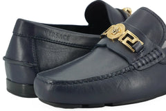 Versace Elegant Navy Blue Calf Leather Loafers - Flats
