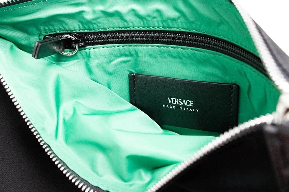 Versace Large Black Nylon Fabric Medusa Convertible Pouch Clutch Wristlet Bag