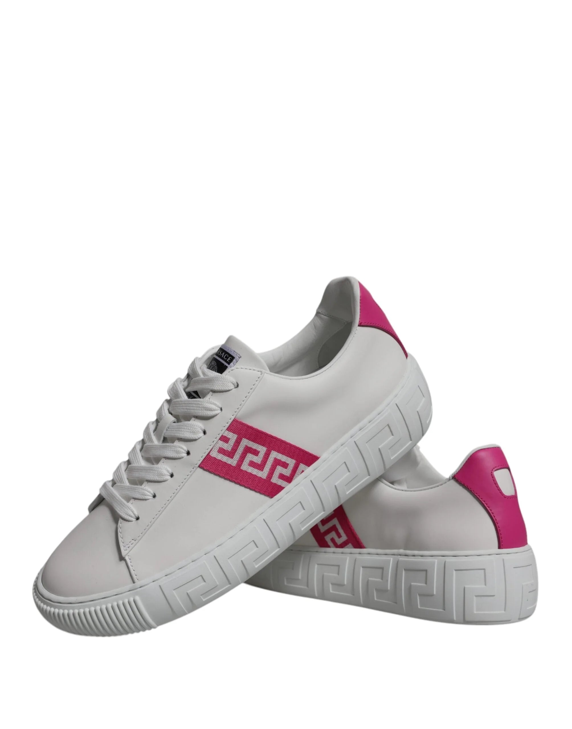 Versace White Pink Greca Print Platform Low Top Sneakers Shoes - EU42/US9 - Sneakers