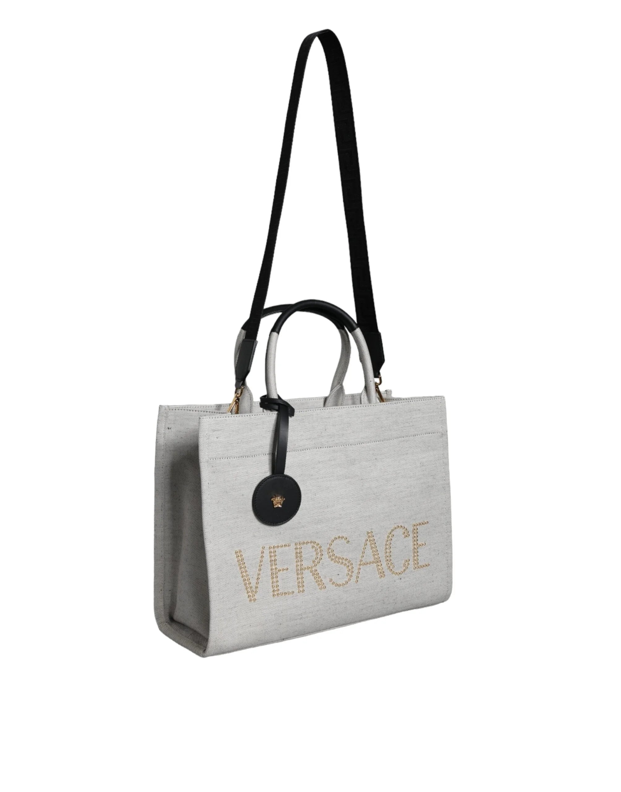 Versace White Top Handle Canvas Leather Logo Crossbody Tote Bag - Shopper Bags
