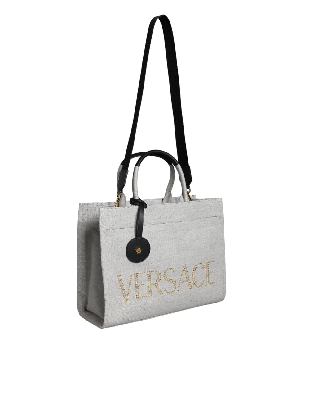 Versace White Top Handle Canvas Leather Logo Crossbody Tote Bag - Shopper Bags