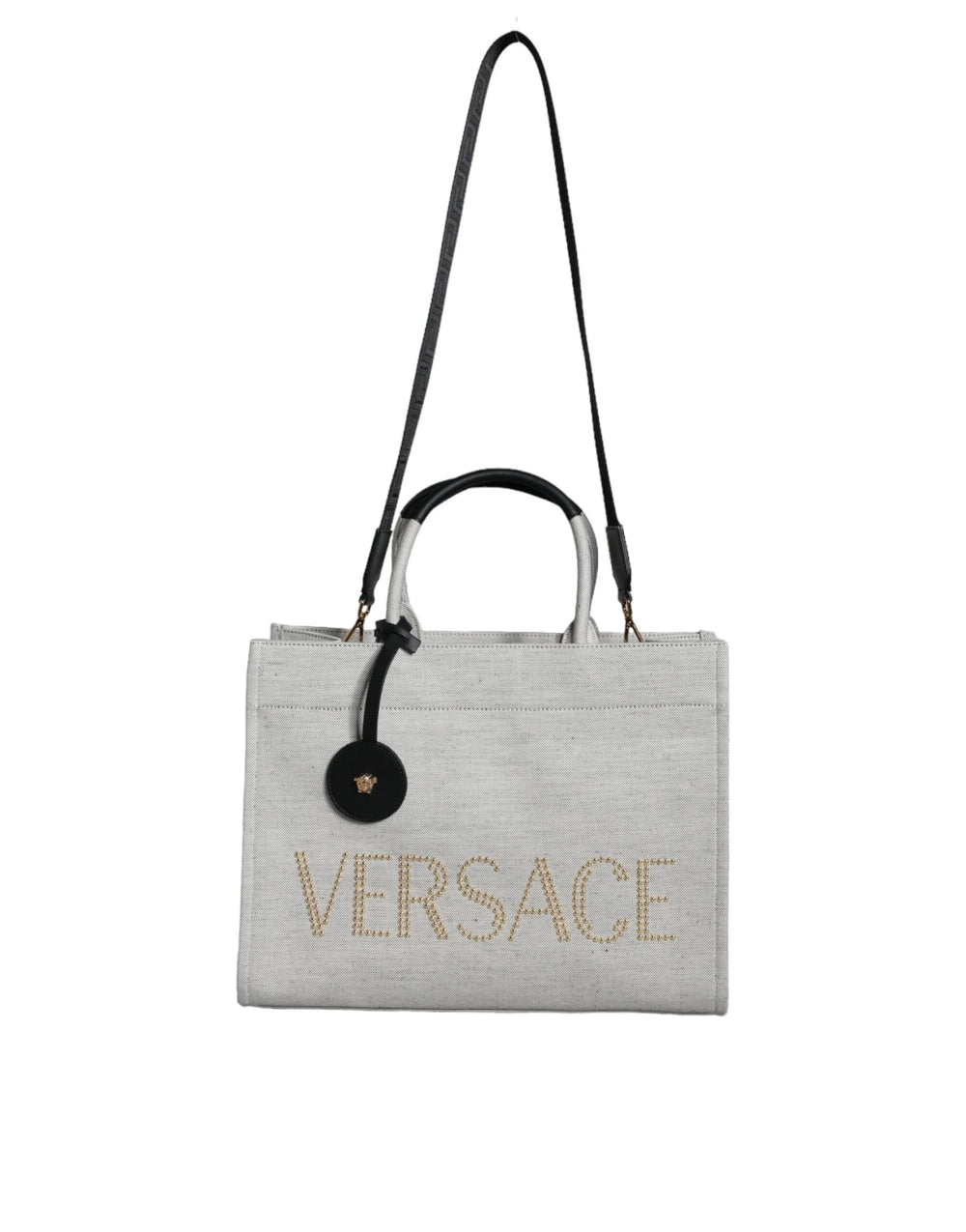 Versace White Top Handle Canvas Leather Logo Crossbody Tote Bag - Shopper Bags