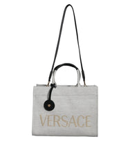 Versace White Top Handle Canvas Leather Logo Crossbody Tote Bag - Shopper Bags