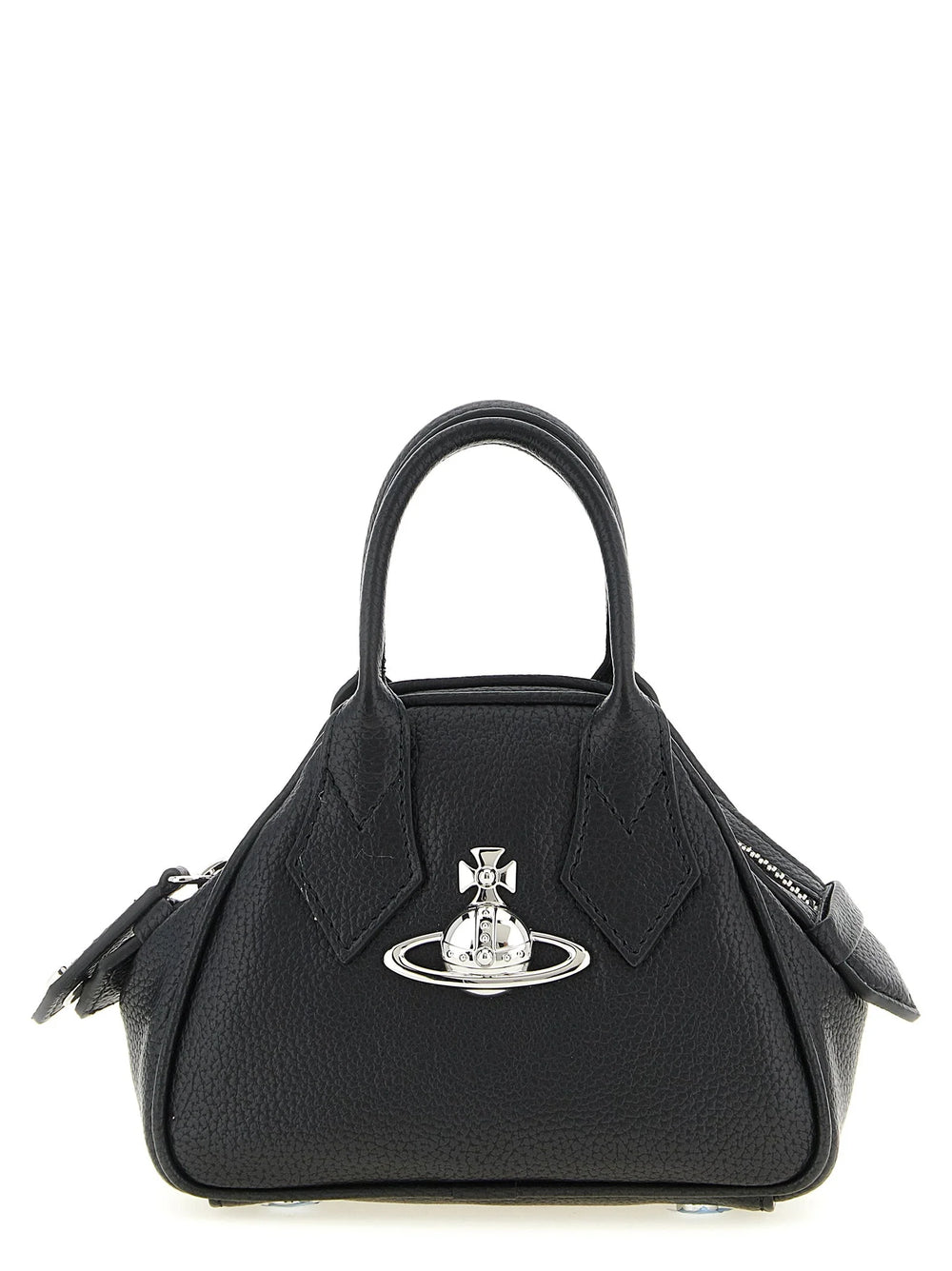 Frontansicht einer Vivienne Westwood schwarzen Polyethylen-Handtasche mit dem ikonischen silberfarbenen Orb-Emblem.